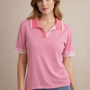 Isaac Mizrahi Live! Pink Johnny Collar Elbow Sleeve Knit Polo Barbie Preppy Smal